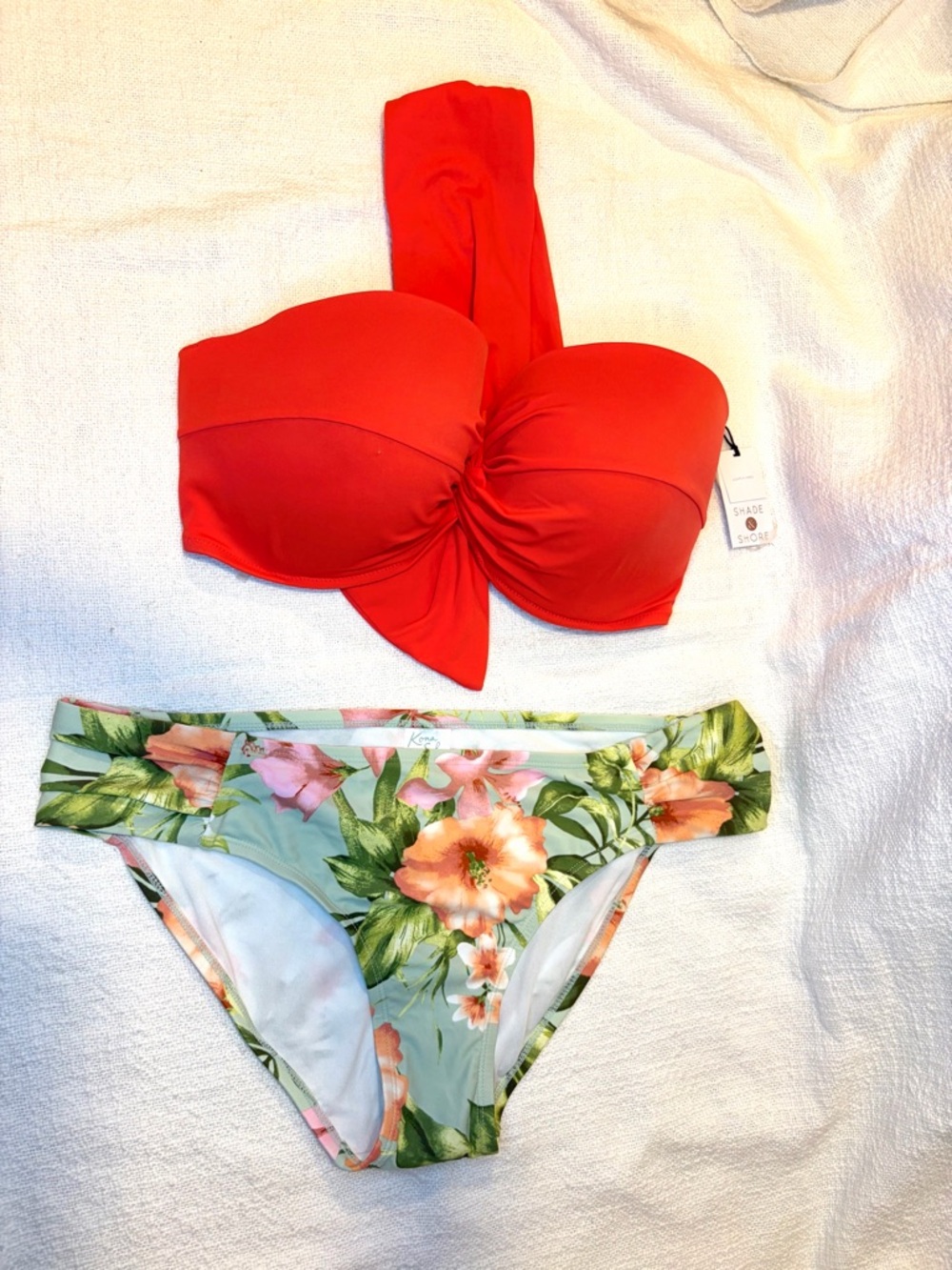 Kona Sol Red Bandeau Bikini Top with Floral Green Bikini Bottom